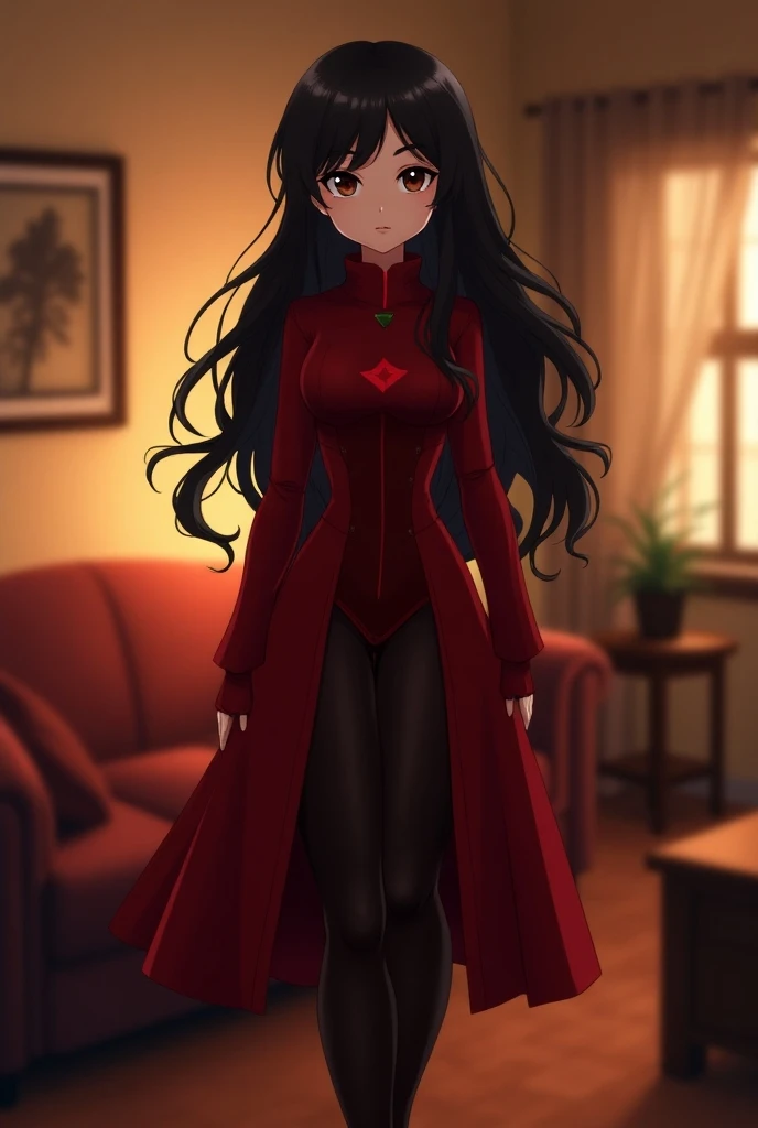 An anime-style depiction of Scarlet Witch with rounded facial features, wearing her classic comic book outfit designed to be modest rather than provocative. She has black hair flowing freely, and the setting is a cozy room with warm lighting and comfortabl...