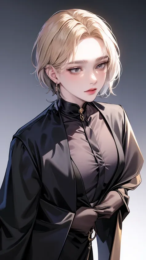 One Beautiful woman、gold short hair、Hairstyle with black end color、Golden eyes、anime makeup、"A woman with a cute and androgynous face"、white skin、cute eyes、Very thin eyebrows、tall、stylish black gothic fashion、long sleeves long pants、Winter clothes、19 years...