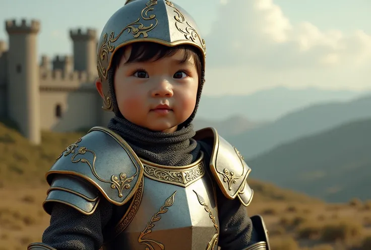 Ultra-Realistic, filipino look baby boy, wearing medieval armor, cinematic, 8K Octane, Photorealistic, 