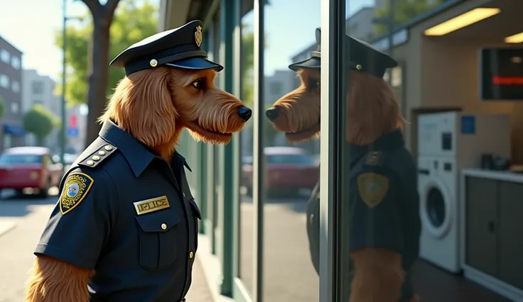 Style: Realistic, cinematic, bright, sharp concept art Details: Close-up: View from right side of The dog polices face was pressed against the glass door and look from street to the inside of electronic shop, the glass door reflects the image items inside ...