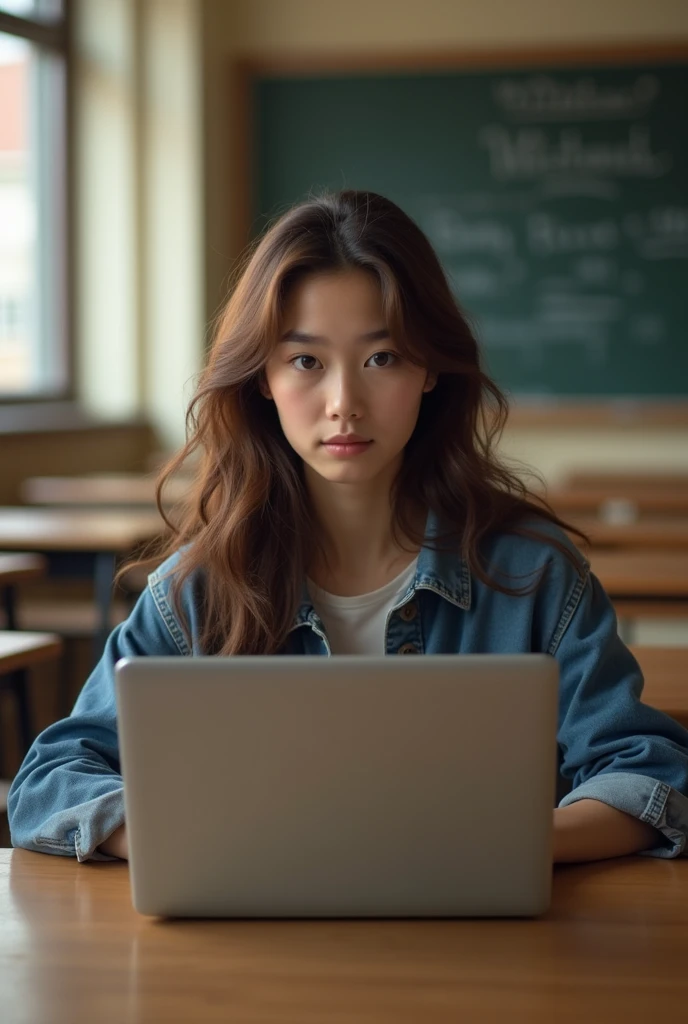 Real girl with brown hair, Blue jacket reading on his computer in a classroom 
