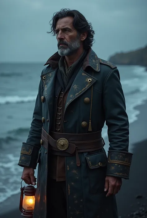 Create a hyper-realistic rendering of Elias with soulful, weathered features, deep-set eyes, and wind-tousled dark hair. He should be dressed in a weathered captains coat with embroidery that mimics constellations. Display a look of longing and deep though...