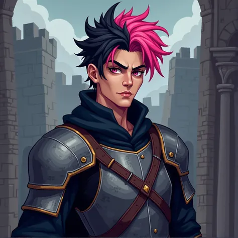 Medieval male character with black and pink hair pixel art