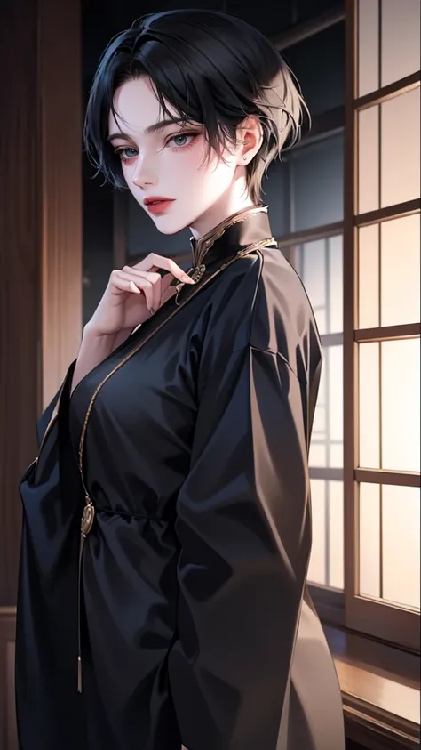 One Beautiful woman、gold short hair、Hairstyle with black end color、Golden eyes、anime makeup、"A woman with a cute and androgynous face"、white skin、cute eyes、Very thin eyebrows、tall、stylish black gothic fashion、long sleeves long pants、Winter clothes、19 years...