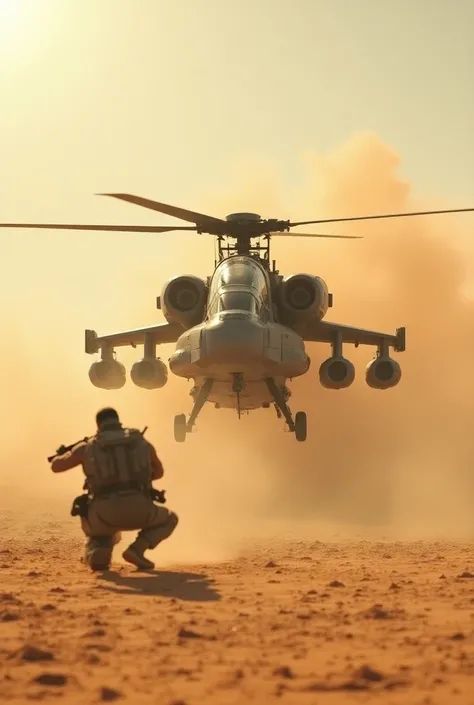 "A dramatic scene in a desert landscape with a futuristic attack helicopter hovering low to the ground, kicking up thick clouds of dust and sand that obscure much of its form. The helicopter has a sleek, angular design with multiple weapon pods mounted on ...