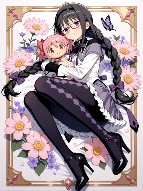 akemi homura, red-framed eyewear, long hair, glasses, 1girl, braid, black hair, skirt, solo, pantyhose, kaname madoka, purple eyes, hairband, ribbon, twin braids, purple ribbon, long sleeves, black pantyhose, butterfly, high heels, character doll, flower, ...