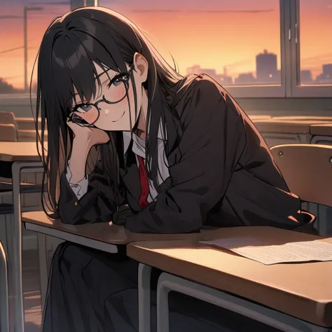 masterpiece,  old girl,  black school uniform, red tie, fringe, glasses,  long hair, Black hair, leaning on a table, Mano en Cachete , in a classroom, at dusk, smile,  lyrics 