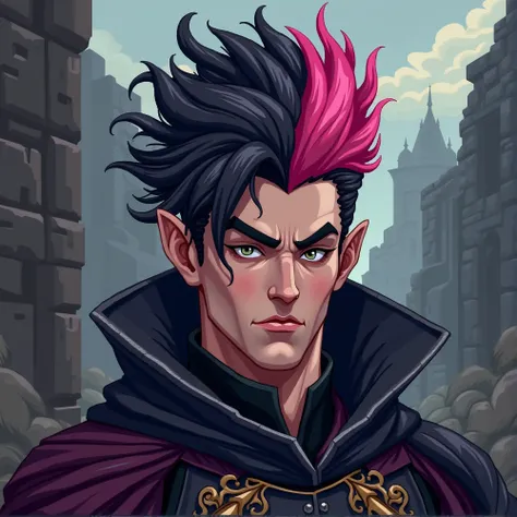 Medieval male character with black and pink hair pixel art