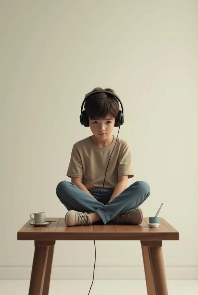 Boy sitting on table with headphone
