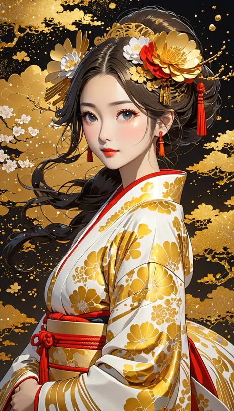  gold particles to create a 、日本god話の女godの画像です。It is an image of a goddess in Japanese mythology with 、 gold particles wrapped around a white and gold costume 、god々 with a ３ D-style illustrations with 、 painting style for women in their 30s and up 。, please...