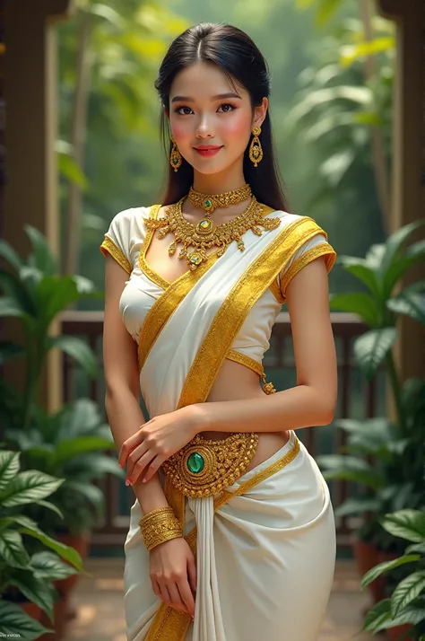 สร้างภาพ,A beautiful Thai goddess from the Ayutthaya period,Wearing dressed in traditional Thai elaborate costum a high round neck shirt with a fitted collar,highlighting the body,the upper part of the body is a bright golden line along the edge,with a whi...