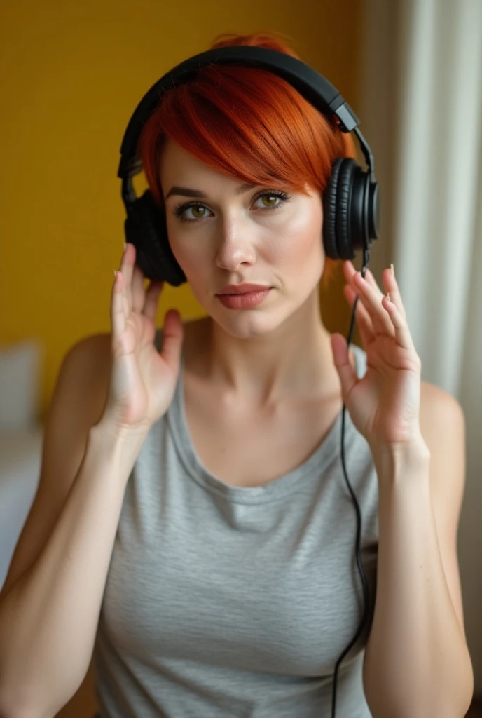 woman with SHORT RED hair ,  who is dressed in a light gray sleeveless t-shirt .  She seems to be in an internal environment ,  with a yellow wall and light curtains behind her .  The woman is wearing headphones , What suggests that it is being a podcast. ...