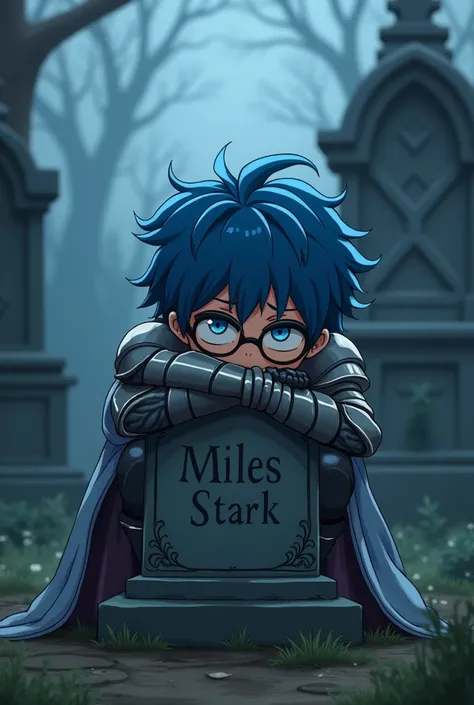  A blue-haired boy round glasses axelot tail blue eyes with magical medieval armor crying in an extreme way embracing a written headstone "Miles Stark " In an anime-style cemetery 