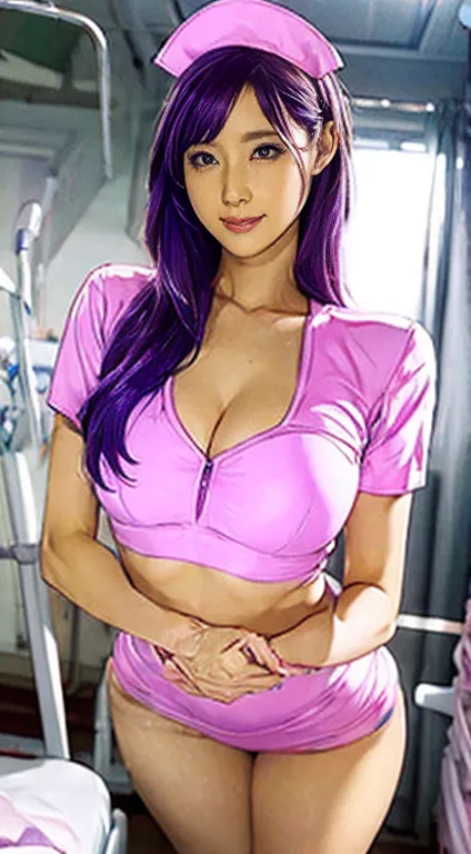 1 female, alone, nurse, nurse cap, whiteware, (( white leg decoration , absolute territory)),  white gloves, long hair, purple h...