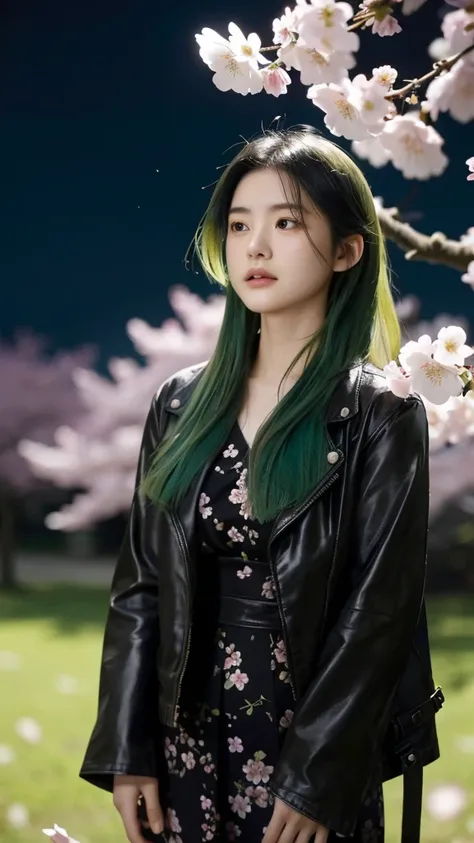 A cinematic photograph of Miyuki, a 18-year-old woman with short , messy green hair with black roots, a slightly larger than average bust, standing under a cherry blossom tree at night. She wears a black leather jacket over a delicate lace dress, the soft ...