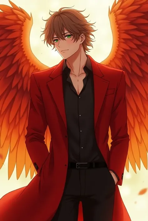 Anime style, an adult man with medim length brown hair, emerald green eyes, a built figure, wearing an elegant red coat with silver trim, a pair of feathered wings sticking out of his back, the feathers are red near the top, and they gradually fade to oran...