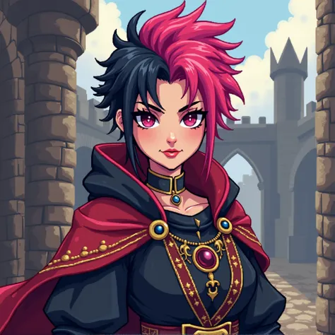 Medieval character with black and pink hair pixel art