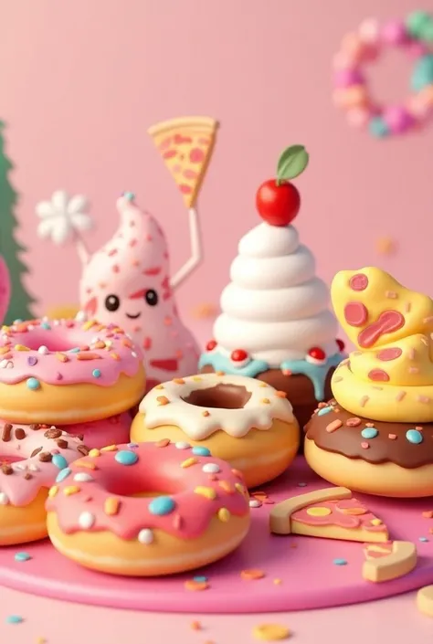 Create an animated image of DONUTS ,  ICE CREAM AND PIZZA WITHOUT A PINK BACKGROUND