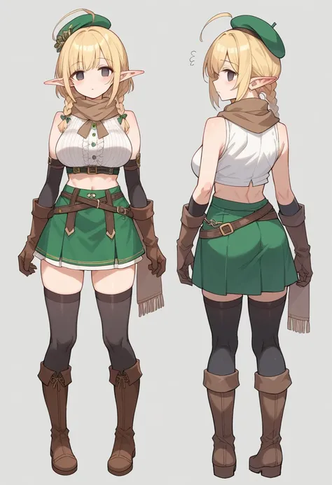 Parisian,1woman,elf,short hair,twin braids,ahoge,Blonde,(slender),Big Breasts,Tall,empty eyes, dark eyes,brown gloves,black elbow gloves,((black thigh highs))、mini beret、 brown scarf、green crop top,sleeveless,green mini skirt,brown knee boots,isekai,fantas...