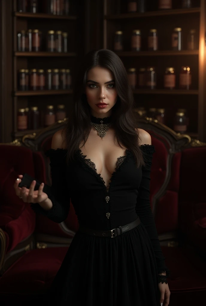 A sexy brunette vampire in an environment with blood stocks
