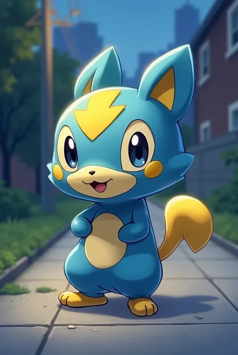 a blue and yellow pokemon character standing on a sidewalk, a picture inspired by Pinchus Kremegne, featured on reddit, mingei, cute mouse pokemon, style of cute pokemon, new pokemon, similar to pokemon, antilous chao, mika pikazo, gelbooru anime image, ni...