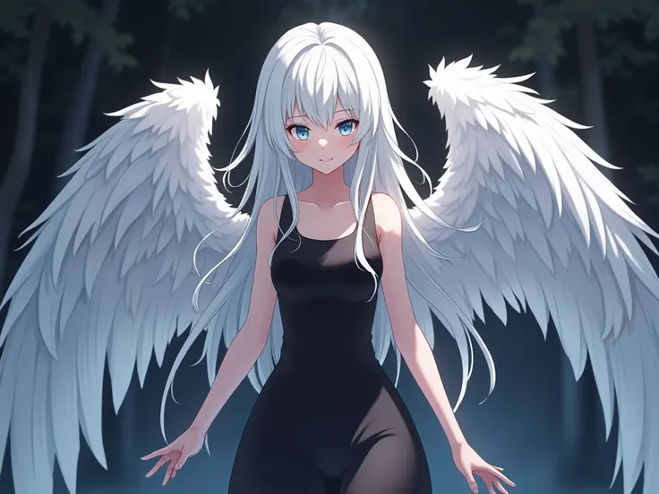 
Anime girl with white hair and 6 angel wings in a black clothes