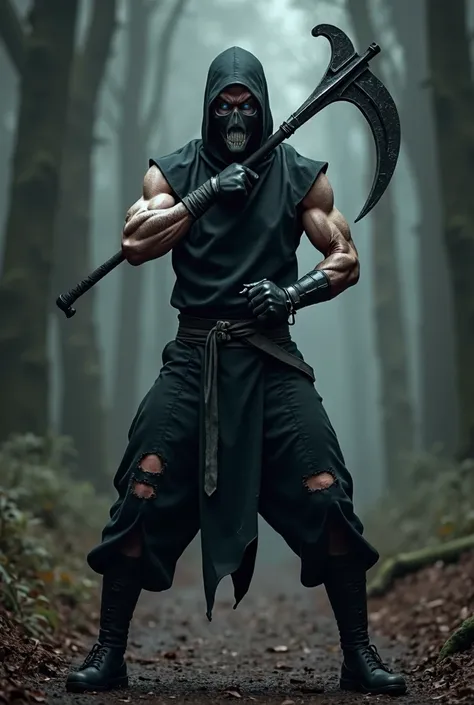  full-length image  , from the game Mortal Combat, the character Noob Saybot is the black top of the head , cloudy white glass eyes , black metallic relief mask  , black ripped sleeveless ninja clothes  , in hand a black rounded sickle ,  stand full-length...