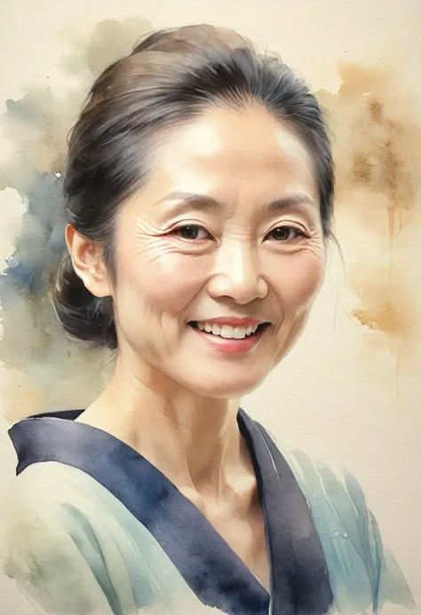 A realistic, photo-like image focused on a watercolor painting of a 48-year-old Japanese woman with a round face, toned skin, and warm, expressive eyes on a canvas, with only the hand of a man holding a brush visible as he carefully applies watercolor stro...