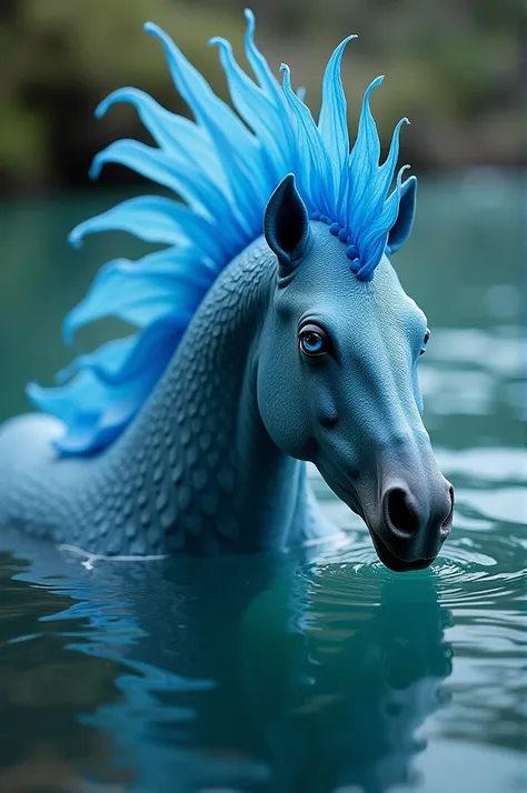 A horse in the water ,  with bluish skin , half fish,  a large fin in place of the mane and bright blue eyes