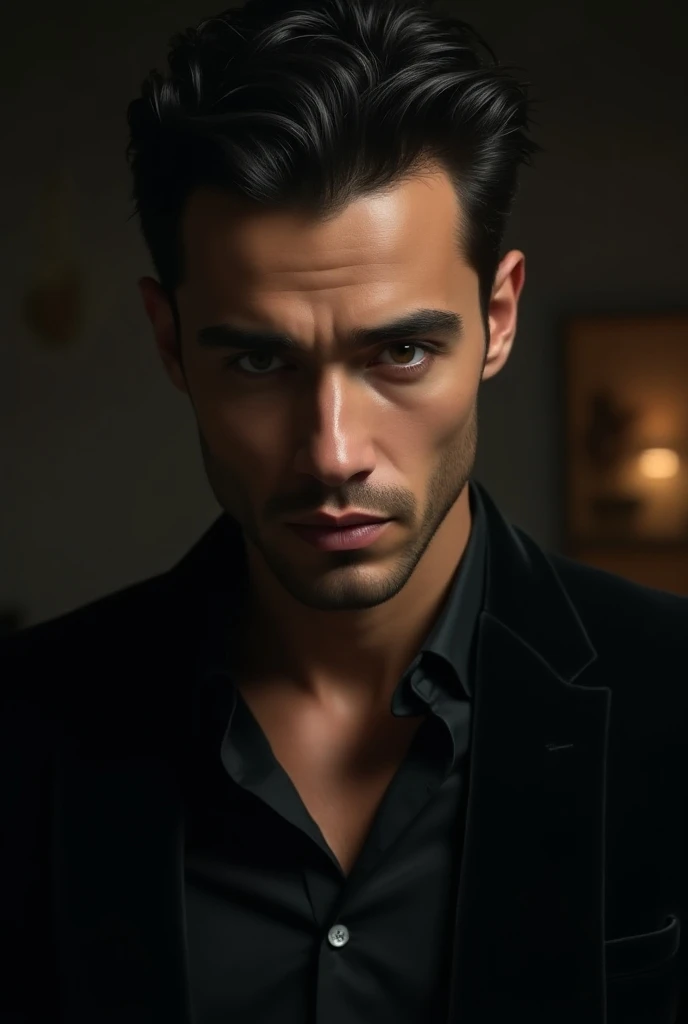 A realistic brown vampire man with a seductive look
