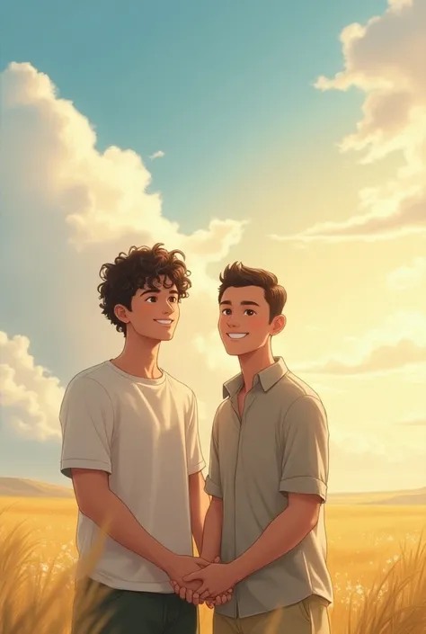 "Two men smiling,  side by side ,  in a heavenly setting with soft light ,  white clouds and a serene landscape in the background .  One of the men wears  [contagious smile, a bit loud , curly hair, brown eye color,  t-shirts and shorts .], And the other h...