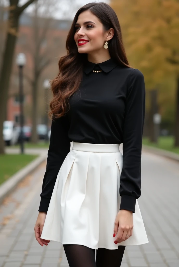 beautiful fit athletic tanned European woman, age 23, black long angel sleeve peter pan collar blouse, white pleated mini skirt, black opaque tights, standing on a busy park, long length brunette hair, full body view, hourglass figure, red lipstick, red na...