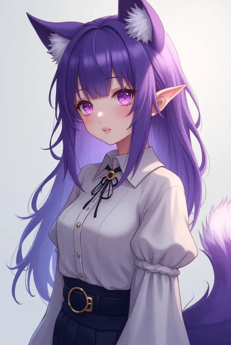 Girl with purple hair and eyes with wolf ears and tail in fancy shirt and pants