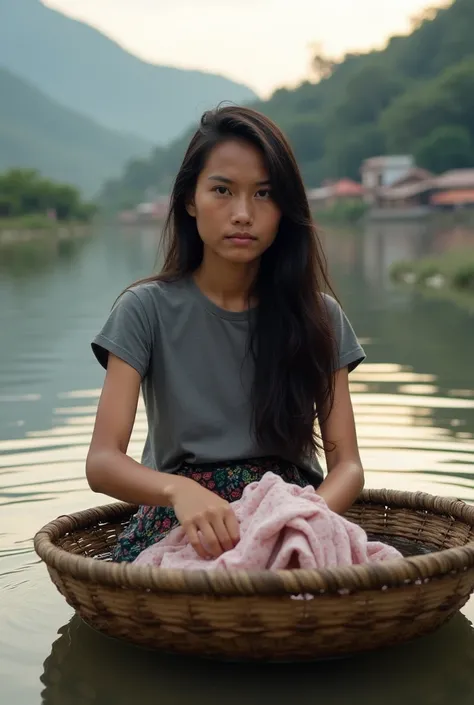 [A young woman with long dark hair, wearing a simple grey shirt and a patterned sarong, sits in shallow water washing clothes in a woven basket.  She looks directly at the camera with a calm, almost pensive expression. The setting is a tranquil river with ...