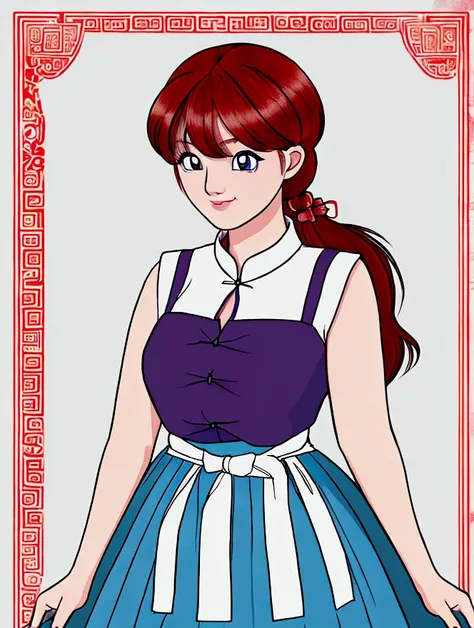 Create Female Ranma, Clear outline, Full body color photo, ( Beautiful and delicate eyes), ( pretty face:1.3), Wakakis Smiling Face , long red hair， Bangs,  blue-gray eyes ,  big eyes， Chubby  ，(Chinese Hansel :horse face long skirt),top:  Fit Purple Chiff...