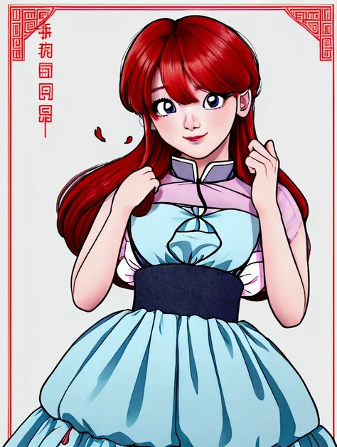 Create Female Ranma, Clear outline, Full body color photo, ( Beautiful and delicate eyes), ( pretty face:1.3), Wakakis Smiling Face , long red hair， Bangs,  blue-gray eyes ,  big eyes， Chubby  ，(Chinese Hansel :horse face long skirt),top:  Fit Purple Chiff...