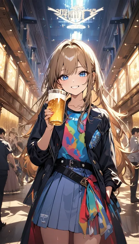 ((masterpiece)、(absurdres)、(ultra detailed)、(8k),Anatomically correct,drinking beer, drinking with lots of people、 party 、banquet、Cheers 、happy smile,cowboy shot,venue、(solo lady),(23-year-old),(dark blonde hair:1.2),(straight long hair:1.1),break,shiny bl...