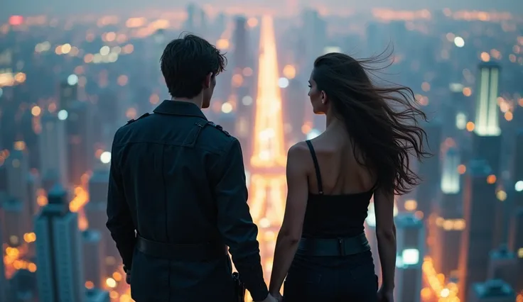  "Both standing on the edge of a rooftop, wind in their hair, looking out over the glittering city below with determined expressions, ready to take on anything."