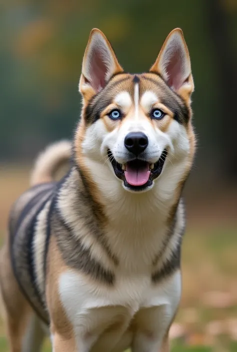   Ultra-realistic image of a hybrid dog combining characteristics of a Labrador Retriever and a Siberian Husky .   The dog has the muscular and athletic body of a Labrador  ,   with a dense and thick coat in mixed shades of yellow  ,   Black and White  ,  ...