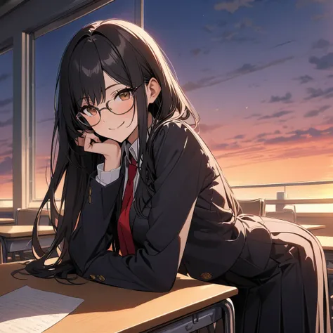 masterpiece,  old girl,  black school uniform, red tie, fringe, glasses,  brown eyes,  long hair, Black hair, leaning on a table, Mano en Cachete , in a classroom, at dusk, smile, DETAILED,  lyrics 