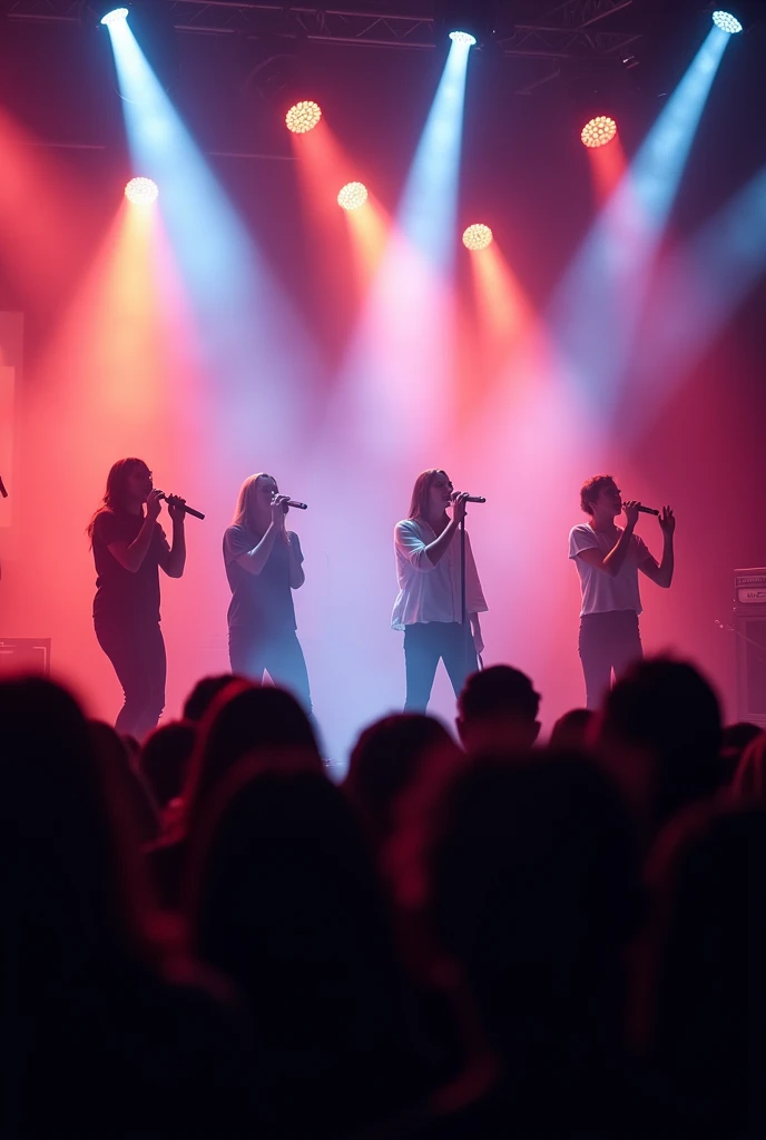 Dramatic lighting, vibrant contrast, soft atmospheric haze, subtle film grain:0.3. Low-angle DSLR shot of a group of people singing passionately on a stage, illuminated by bright, colorful stage lights that cast a dynamic glow on their faces and clothes. C...