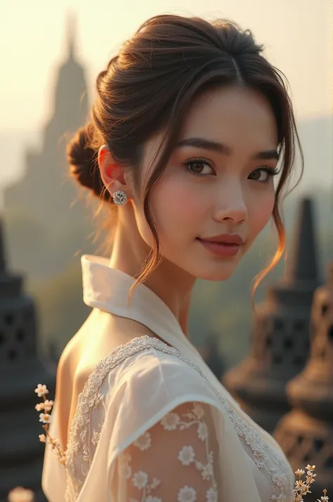 8k portrait of a beautiful woman with brown hair, posing very elegantly, ((temple background, temple, Borobudur)), photography, portrait of a beautiful girl, hair in a neat bun, wearing Balinese kebaya with white Balinese kebaya, light brown lipstick, show...