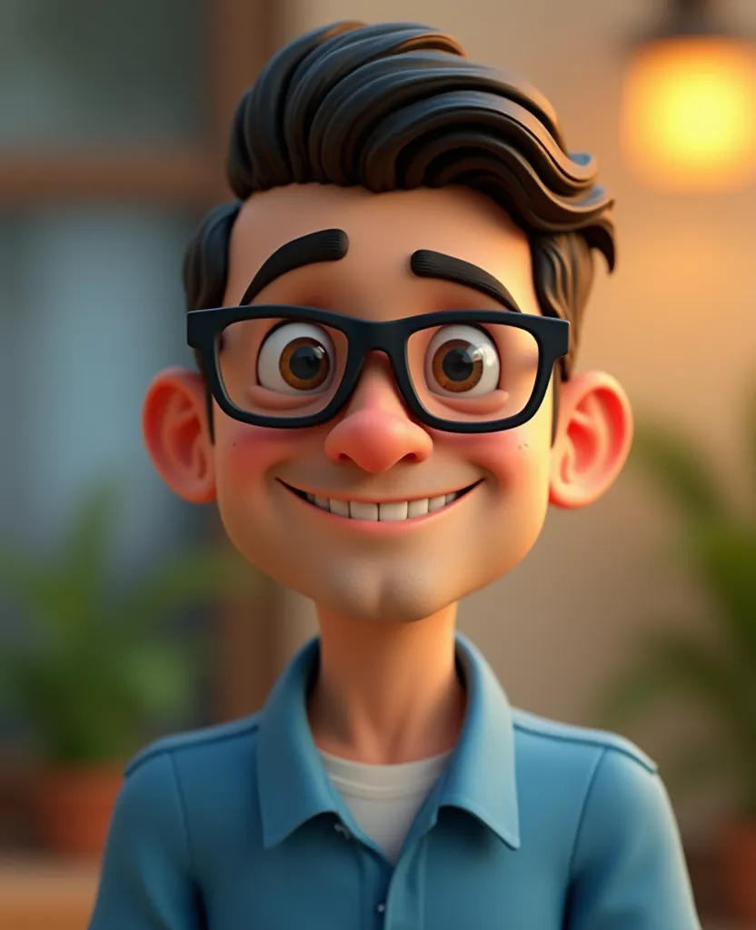 Cartoon character of a man wearing black glasses and a blue shirt, an animated character, Stylized character,  animation style rendering , 3D stylized, Arnold Maya Rendering, Stylized 3D render, toon render keyshot, 3d character, 3d character, Stylized 3D rendering, 3D character rendering,  cartoon character, Personagem de close up, Character Pose, (Pixar style) (master part:1.2) (bokeh effect) ( best quality ) (detailed skin) ( detailed texture) (8k) (clay) (  cannabis-themed  ) (sharp focus，Sits and leaves the upper body