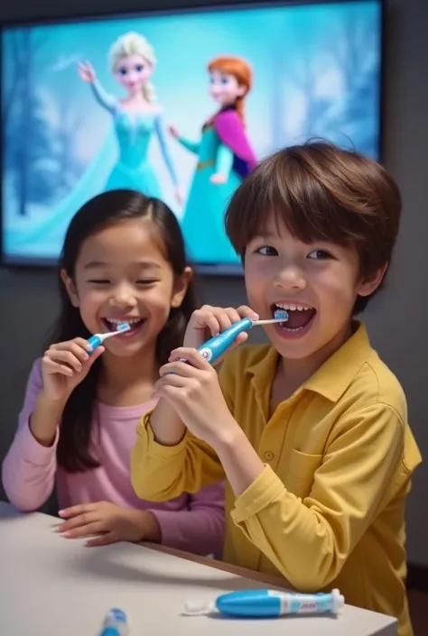 children who brush their teeth together with the app with the tutorial of Elsa and Anna from Frozen together with Oral B s for an advertising campaign with real children