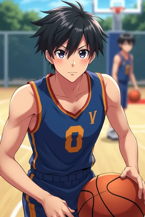 anime、high school、Basketball Club、 handsome、cool、male、kind、Dark Eyes、bright、bright瞳孔、 black hair side cut、smile、 from the front、 cool、Unshaven、Smooth skin、 shiny hair 、Im playing basketball 