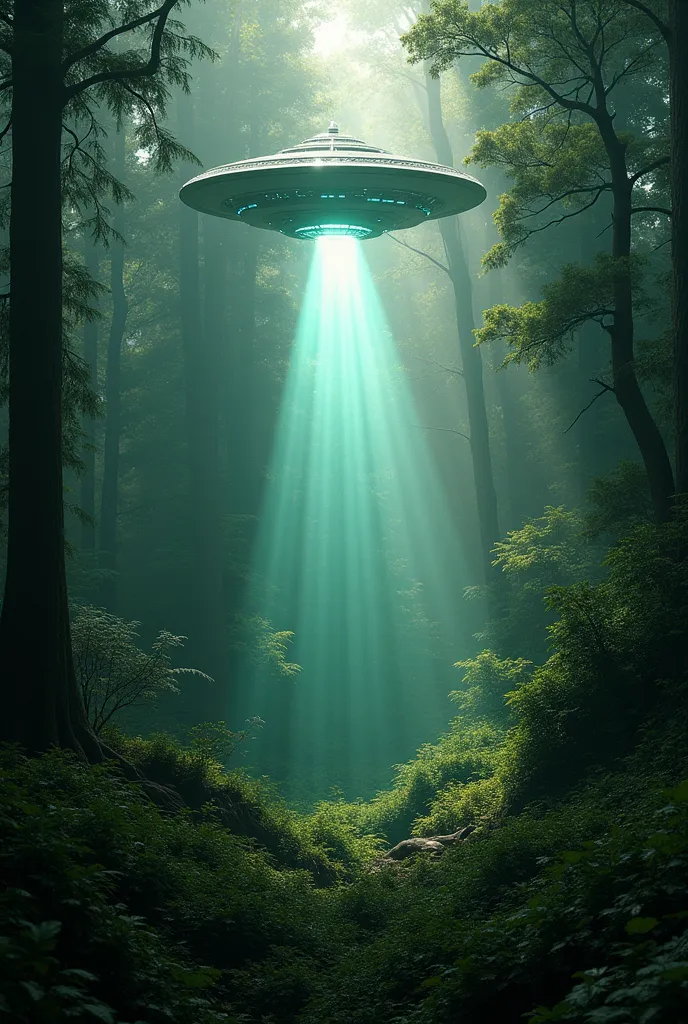 a mysterious UFO landed in the middle of a vast, deep forest, emitting a powerful light, cinematic retro sci-fi, sophisticated design, advanced lighting technology, 8K photorealistic quality, aerial view of a large, dense forest, (best quality,4k,8k,highres,masterpiece:1.2),ultra-detailed,(realistic,photorealistic,photo-realistic:1.37),highly detailed forest, lush vegetation, detailed sunlight filtering through the trees, dramatic lighting, cinematic composition, moody atmosphere, vibrant colors