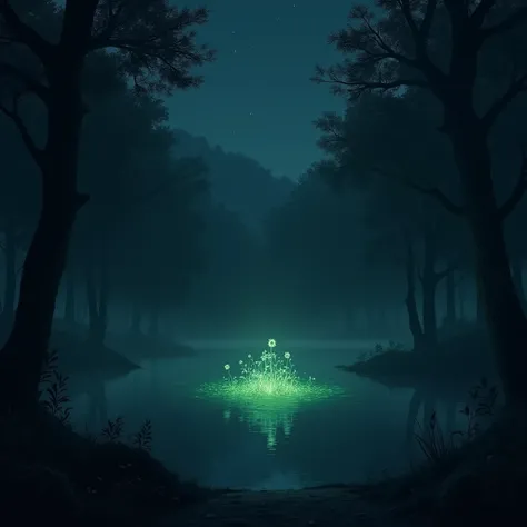 "A small, eerie village pond surrounded by dense trees in a dark night. In the center of the pond, a mysterious green-blue water plant emits a faint glow, illuminating the still water. The atmosphere is quiet and haunting, with mist gently floating over th...