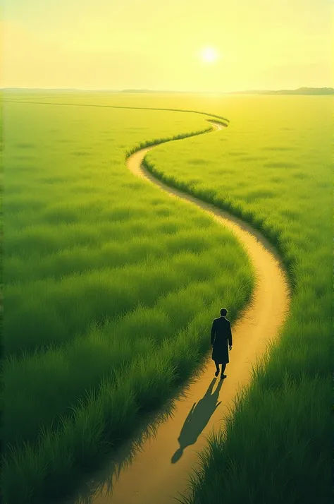 Reg grass and the middle of the graas long path and the man and the shadow is walking at the end of the path and the sun 