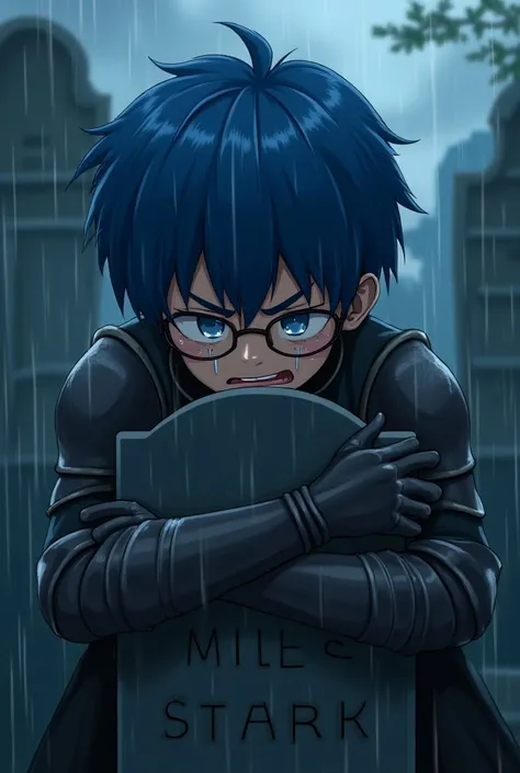  A blue-haired boy round glasses axelot tail blue eyes with magical medieval armor crying in an extreme way with 
Tears of sadness and an extremely sad expression embracing a written headstone "Miles Stark " In a cemetery with very sad weather and raining ...