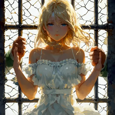 Inside a prison with an iron lattice 。Blond wavy long haired innocent girl in a white dress。 the girl has a sad face 。 men with wicked smiles rub the girls breasts 、 flipping her skirt and touching her crotch with her fingers 